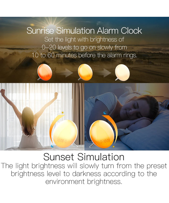 Moes WiFi Wake Up Smart Light Alarm Clock with 7 Colors Sunrise Sunset Simulation Tuya APP Control Works with Alexa Google Home