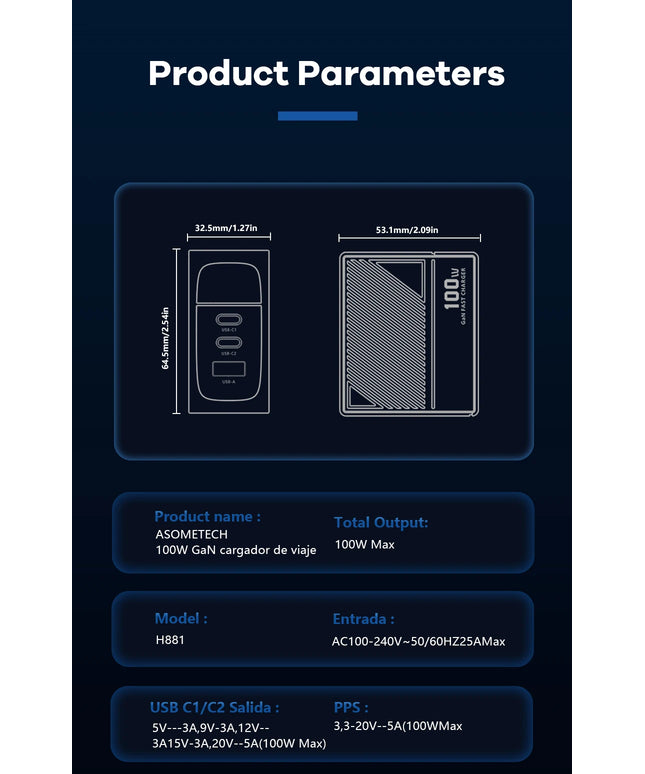 ASOMETECH 100W GaN Charger QC4.0 PD 67W 65W PPS Display Portable Multi USB Type C Fast Charger For Laptop Tablet iPhone Samsung