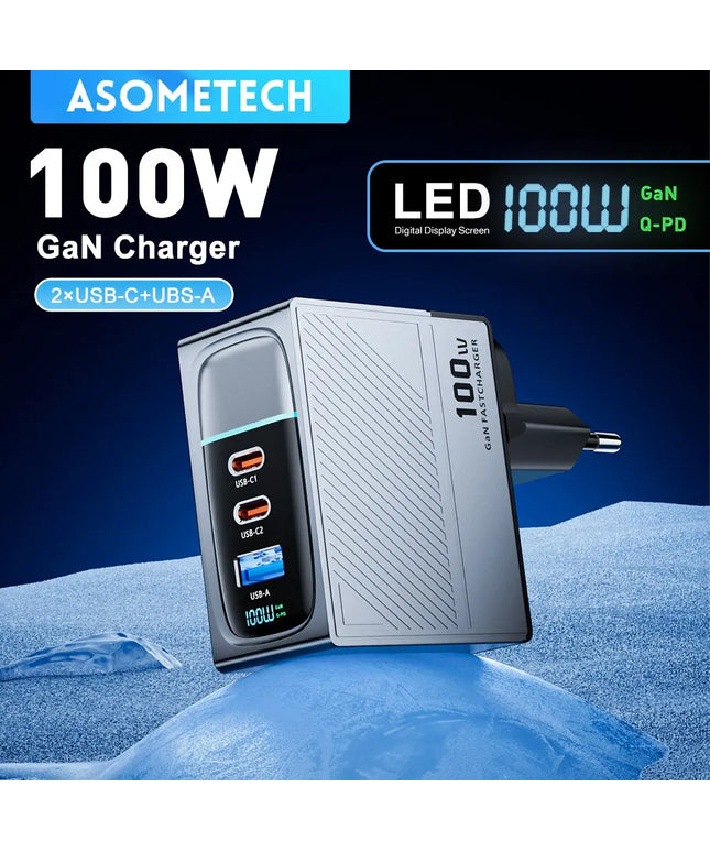 ASOMETECH 100W GaN Charger QC4.0 PD 67W 65W PPS Display Portable Multi USB Type C Fast Charger For Laptop Tablet iPhone Samsung